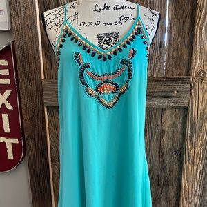 Turquoise spaghetti strap mini with beaded bust